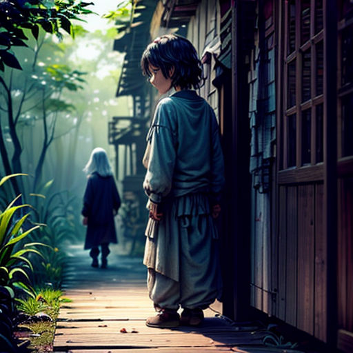 a person standing on a wooden walkway next to a building and trees in the background with a person walking away