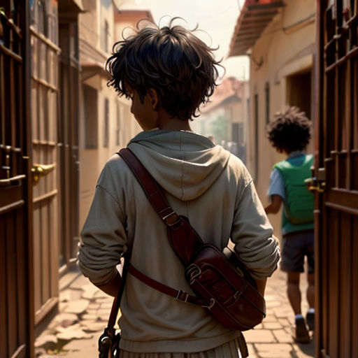 a boy in a school uniform walking down a narrow alley way with a backpack on his back and a boy in a green shirt and white shirt