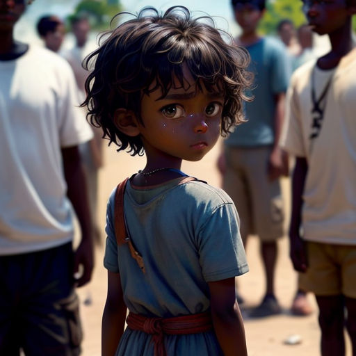 a young child standing in front of a group of people in a field of grass and dirt, with a blue shirt on