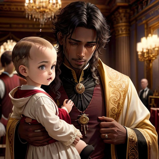 a man holding a child in a room with other people in it and a chandelier hanging from the ceiling