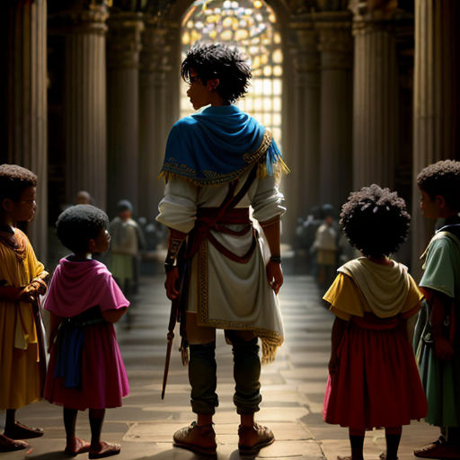 a man in a roman costume standing in a hallway with children looking on in the distance, with a stained glass window in the background