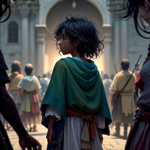 a young child in a green cape standing in front of a crowd of people in roman dress and holding a sword