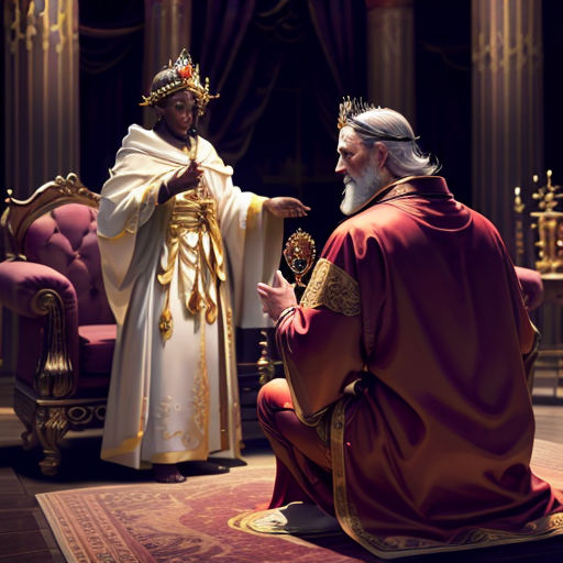 a man in a crown and a priest in a room with a chair and a rug on the floor