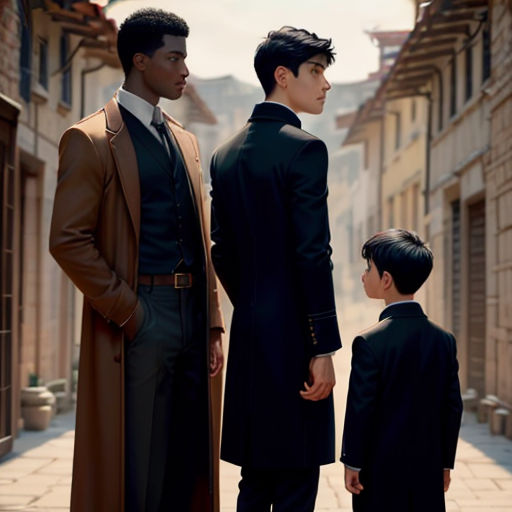 a man and two boys standing in a street with buildings in the background and a man in a suit and tie standing next to a boy in a suit