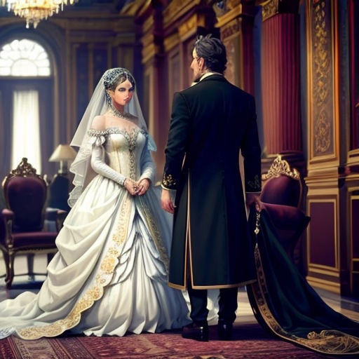 a man and woman in wedding attire standing in a room with chandelier and chairs and a chandelier