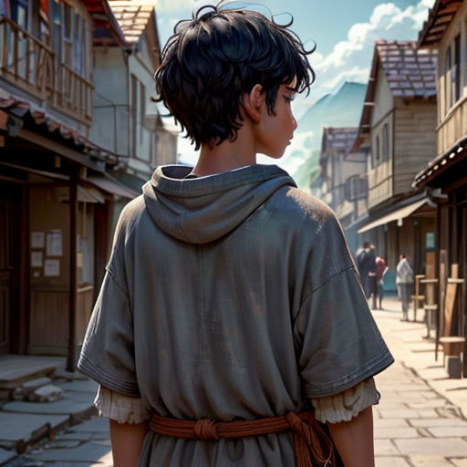 a boy in a robe is walking down a street in a village with a sky background and a person in the distance