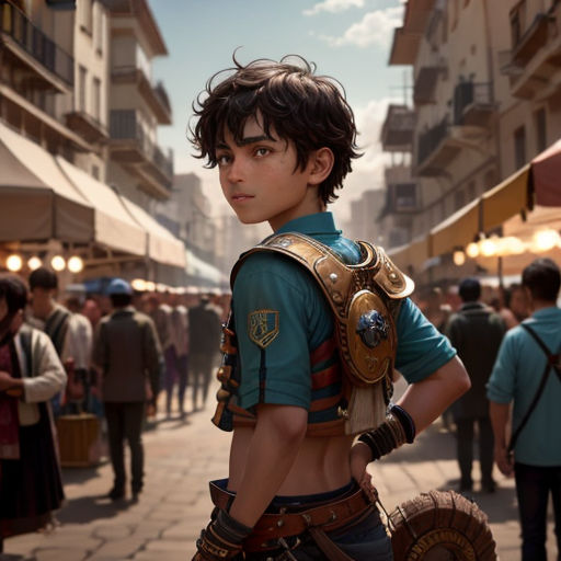 a boy in a costume standing on a street with a crowd of people in the background and a man in a costume on his back