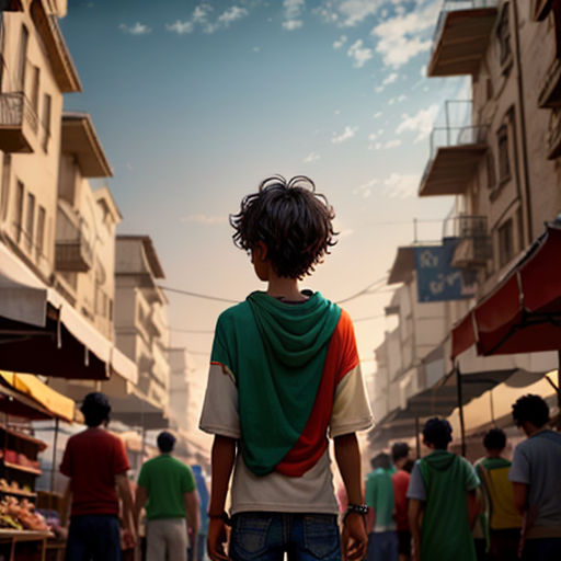 a boy standing in the middle of a street with a group of people walking by him and a building in the background