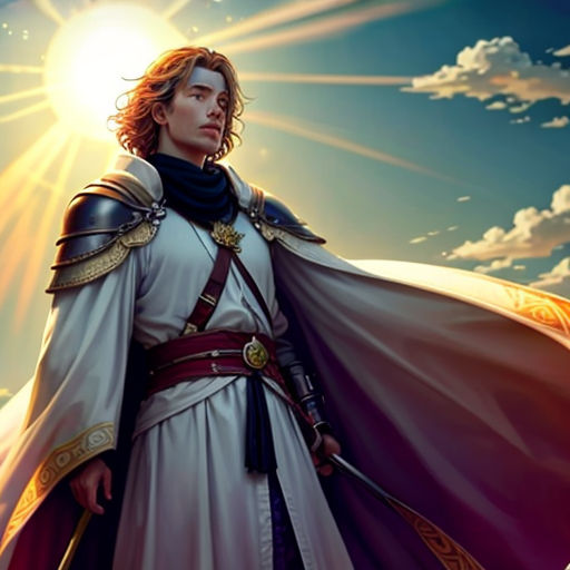 a man in a white dress with a sword and a sun in the background with clouds and sunbeams