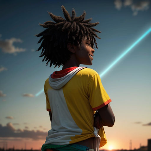 a man with dreadlocks standing in front of a sunset with a laser in the sky above him