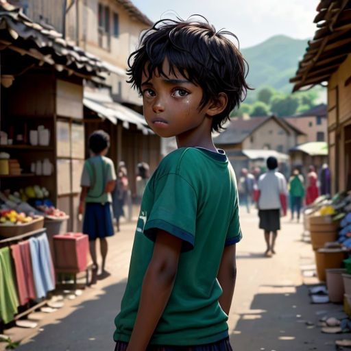 a young boy standing in front of a market with people walking around him and a mountain in the background