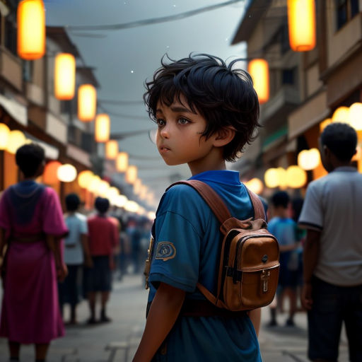 a young boy with a backpack on a street with people walking around him and lanterns hanging overhead in the background