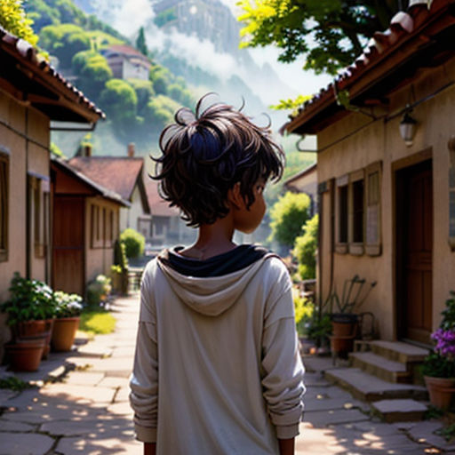 a boy standing in a village looking at a mountain range in the distance with houses and trees in the foreground