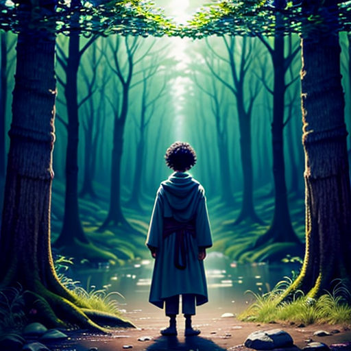 a person standing in the middle of a forest with a light shining through the trees on the ground and a path leading to the forest