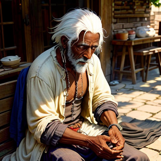 a man sitting on a bench with a white beard and white hair and wearing a white shirt and blue pants