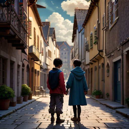 two children walking down a street holding hands in the middle of a town with buildings and a sky background
