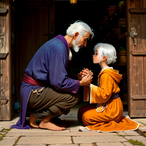 a man kneeling down next to a little girl in a room with a door open and a little girl in a yellow dress