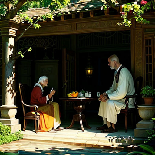 a man sitting at a table with a monk on his lap next to a pool of water and a woman standing next to him