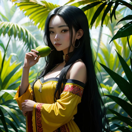 a woman in a yellow dress holding a banana in a jungle setting with palm trees in the background and a green plant in the foreground
