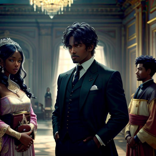 a man in a suit and a woman in a dress standing in a hallway with other people in costume