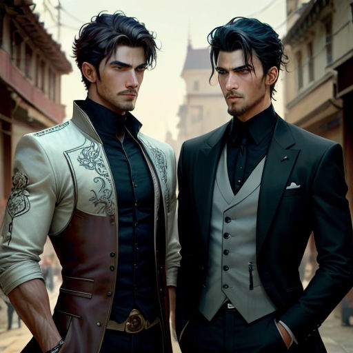 two men in suits standing next to each other on a street corner in front of a building with a clock tower