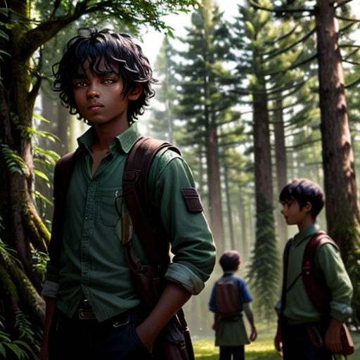a group of young people standing in a forest next to trees and a forest floor with a boy in a green shirt