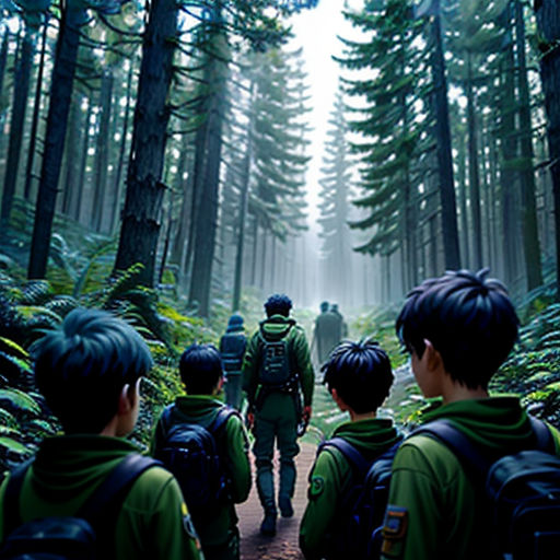 a group of people walking through a forest filled with trees and ferns on a path between tall trees and tall evergreens
