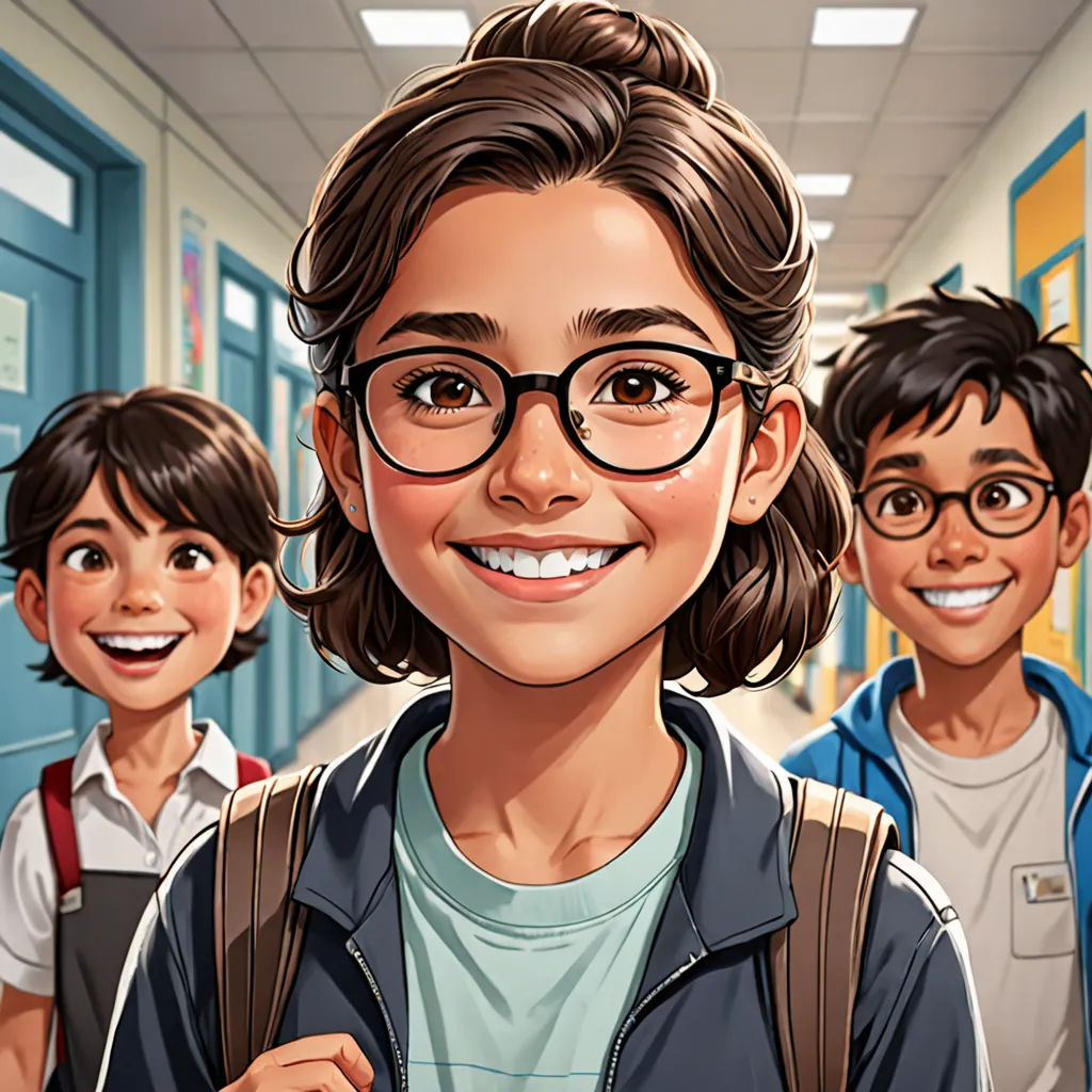 a cartoon of a boy with glasses and a backpack in a hallway with other boys in the background smiling, Ada Gladys Killins, paris school, a character portrait, key art
