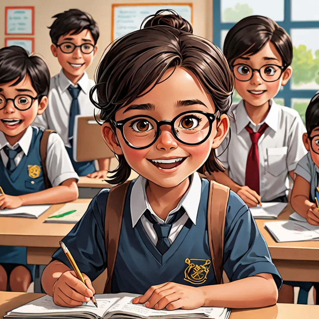 a cartoon of a girl in a classroom with other children in the background, and a cartoon of a boy in a school uniform, Diego Gisbert Llorens, bengal school of art, a comic book panel, official art