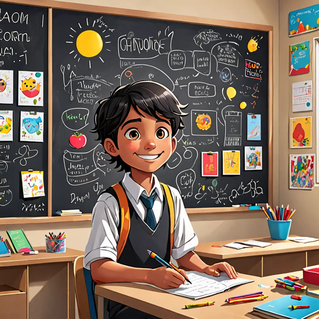 a boy is sitting at a desk with a book and pencils in front of him and a chalkboard with a lot of drawings on it, Diego Gisbert Llorens, quito school, a storybook illustration, official art