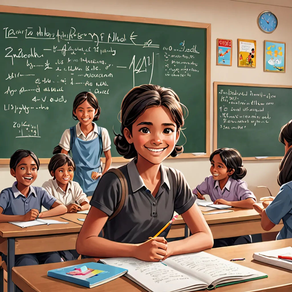 a painting of a girl in a classroom with other children in the background and a chalkboard with writing on it, Ella Guru, samikshavad, a storybook illustration, official art