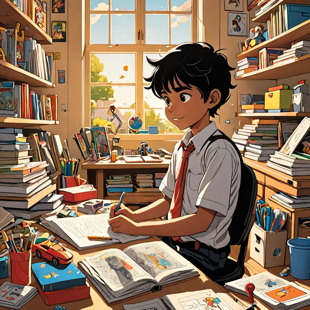 a boy sitting at a desk with a book and a pencil in his hand and a lot of books on the desk, Aaron Jasinski, academic art, poster art, yukito kishiro
