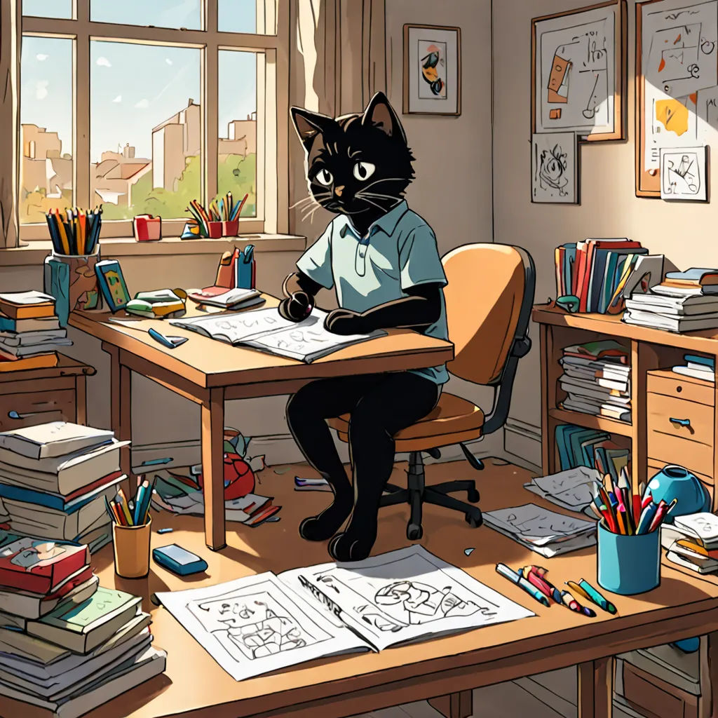 a black cat sitting at a desk with a book and pencils on it and a window in the background, Asaf Hanuka, furry art, a comic book panel, rossdraws global illumination