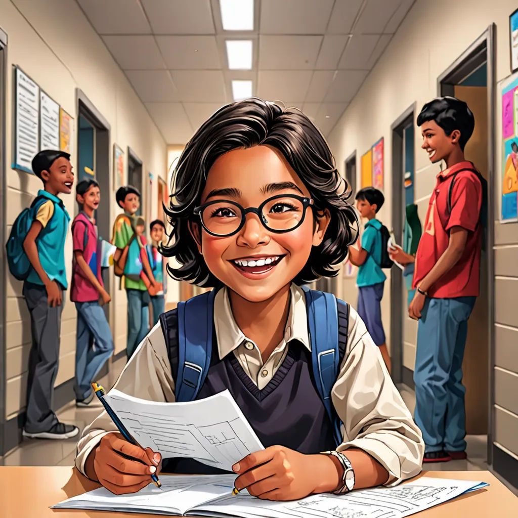 a cartoon of a boy sitting at a desk with a book and pen in his hand and a group of children in the background, Bikash Bhattacharjee, vancouver school, a comic book panel, comic cover art