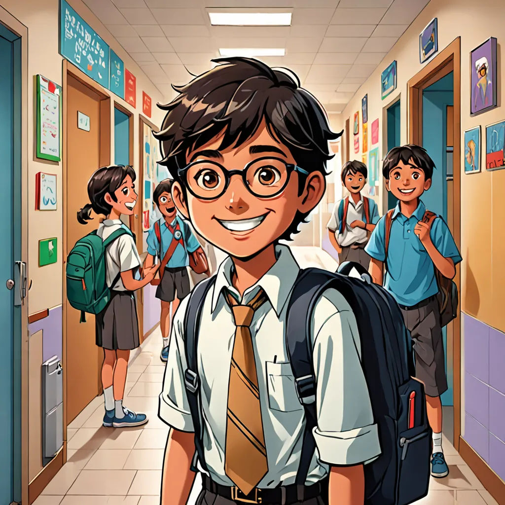 a cartoon of a boy in a school hallway with a backpack on his shoulder and a group of school children in the background, Diego Gisbert Llorens, danube school, a comic book panel, official art