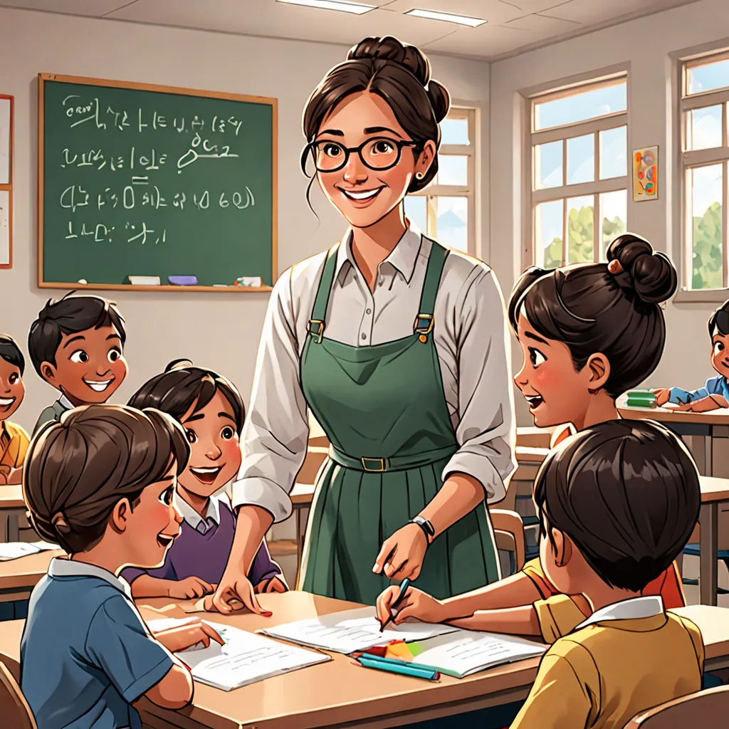 a teacher is teaching children in a classroom with a chalkboard and chalkboard on the wall behind her, Ella Guru, bengal school of art, a storybook illustration, official art
