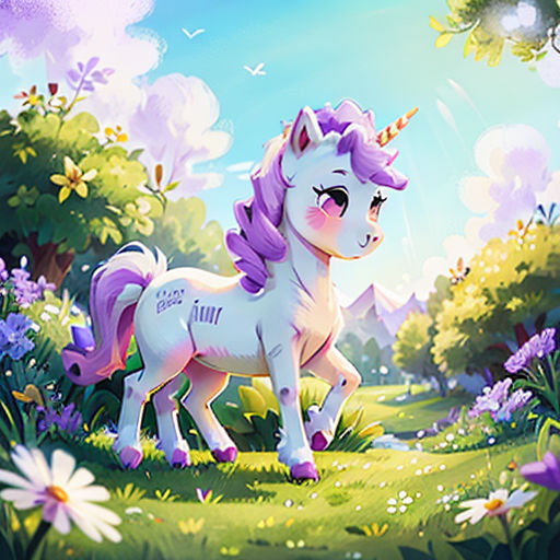 a cartoon unicorn standing in a field of flowers and daisies with a sky background and a sun shining behind it