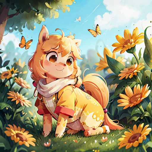a little girl sitting on top of a grass covered field next to a tree and a butterfly flying over her