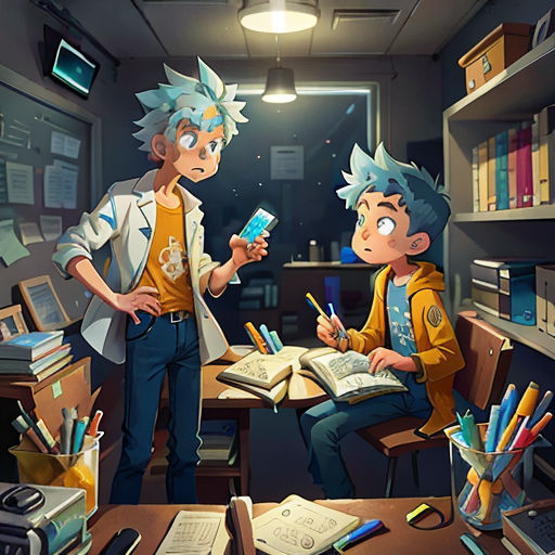 two people in a room with books and a phone in their hands and a book on the desk with a pen and paper