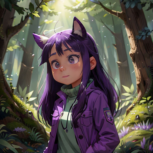 a girl with purple hair and a cat ears standing in a forest with trees and plants, looking at the camera