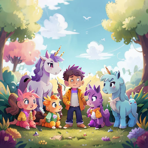 a group of cartoon characters standing in a forest with a unicorn and other animals around them, all looking at something