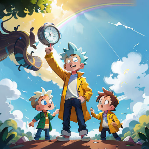 a man holding a clock above a group of kids in a park with a rainbow in the background and a rainbow in the sky