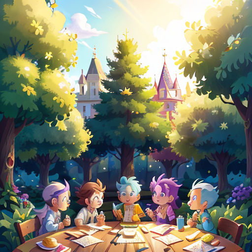 a group of kids sitting at a table in the forest with a castle in the background illustration by alex krawc