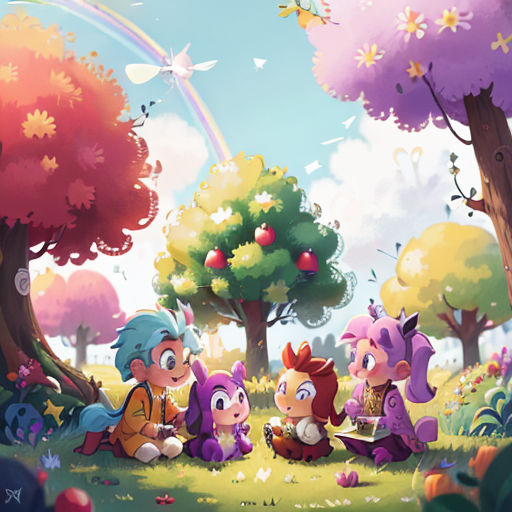 a group of cartoon characters sitting in a forest under a rainbow colored tree with a rainbow in the background