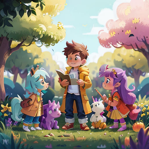 a group of children standing in a forest with a dog and a cat on the ground next to them