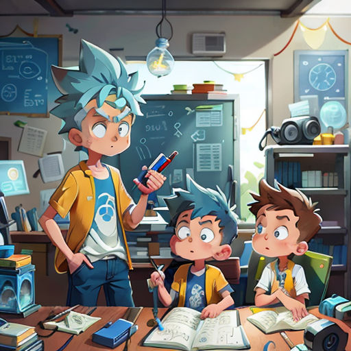 a group of kids sitting around a table with a book and a pen in front of them and a man standing next to them