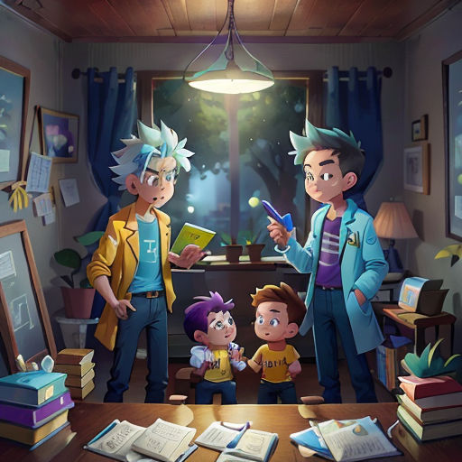 a family of three standing in a room with books and a lamp above them and a window with a view of the forest