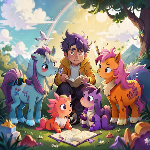 a man sitting on a book surrounded by animals and a rainbow in the background of a forest with a rainbow