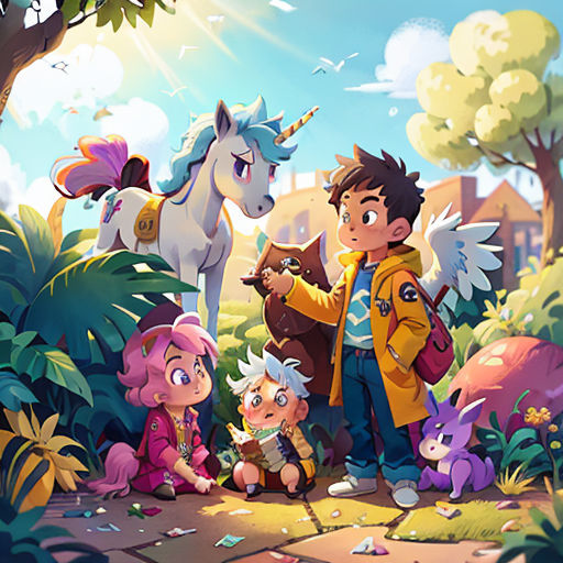 a group of children standing next to a unicorn and a cat in a forest with a building in the background