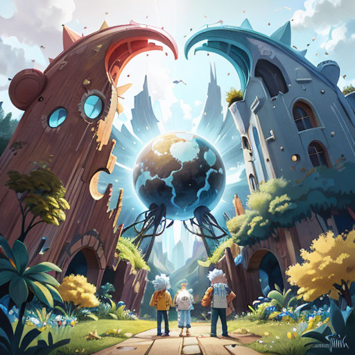 a group of people standing in front of a giant blue earth with a sky background and trees and bushes